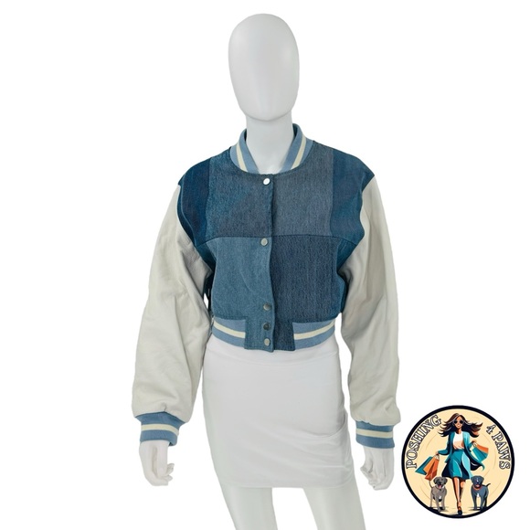 EB Denim Cropped Varsity Denim Patchwork Leather Jacket in Blue & White Size L - Picture 3 of 14